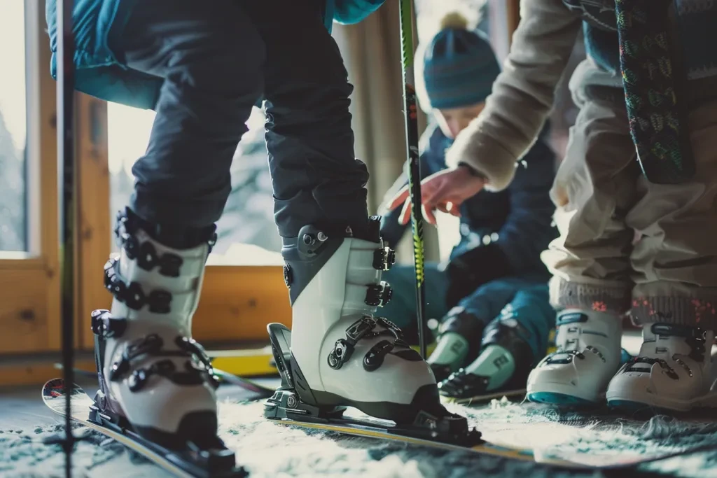 A close up photo of someone putting on ski boots