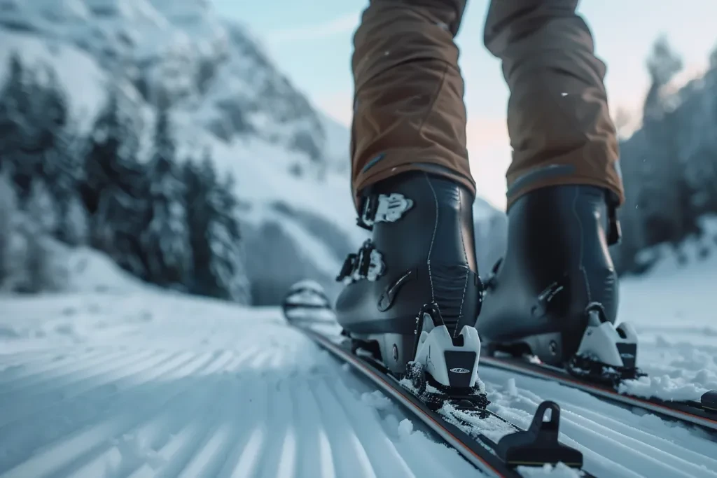 A closeup of a pair of black ski boots