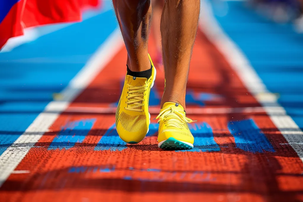 A closeup of an athlete's yellow shoes