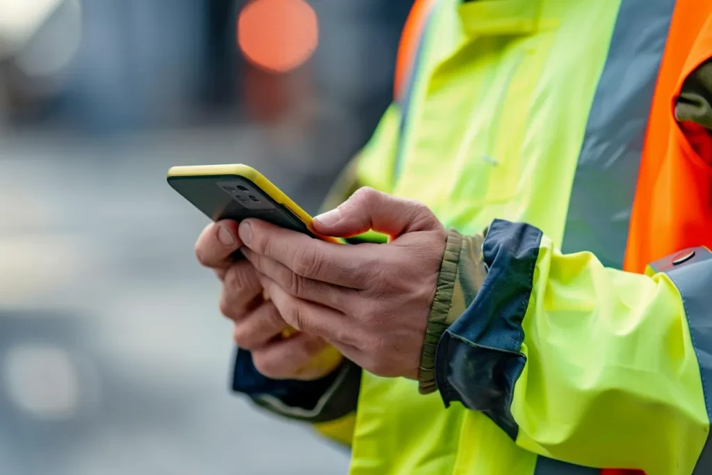 A closeup of an engineer's hands holding and interacting with their phone