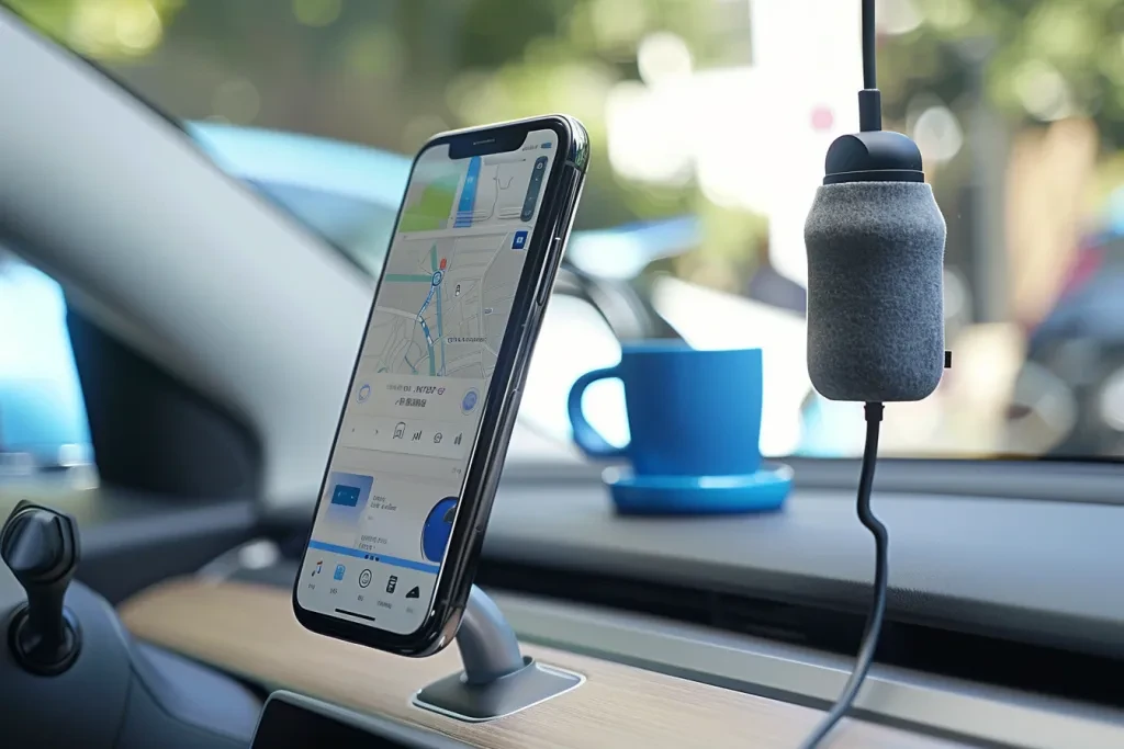 A closeup of an iPhone in the car's interior