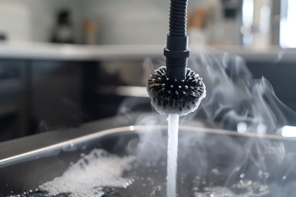 A closeup of an upright steam stump brush with its bristles raised