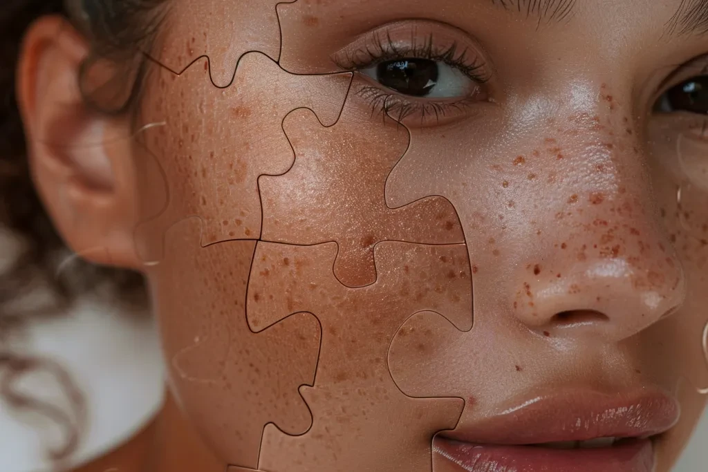 A closeup of the face with visible peach fuzz skin texture on one cheek