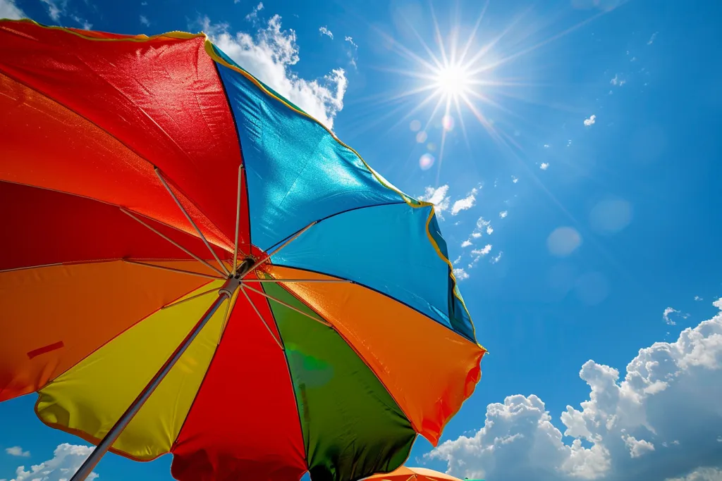 A colorful beach umbrella with three different colors of red