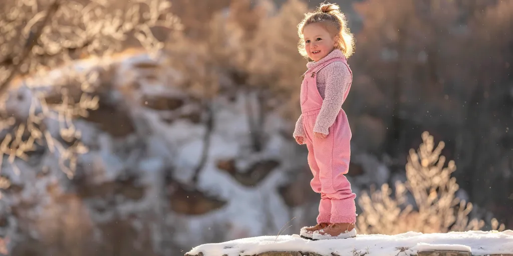 A cute little girl wearing pink overalls and snow boots
