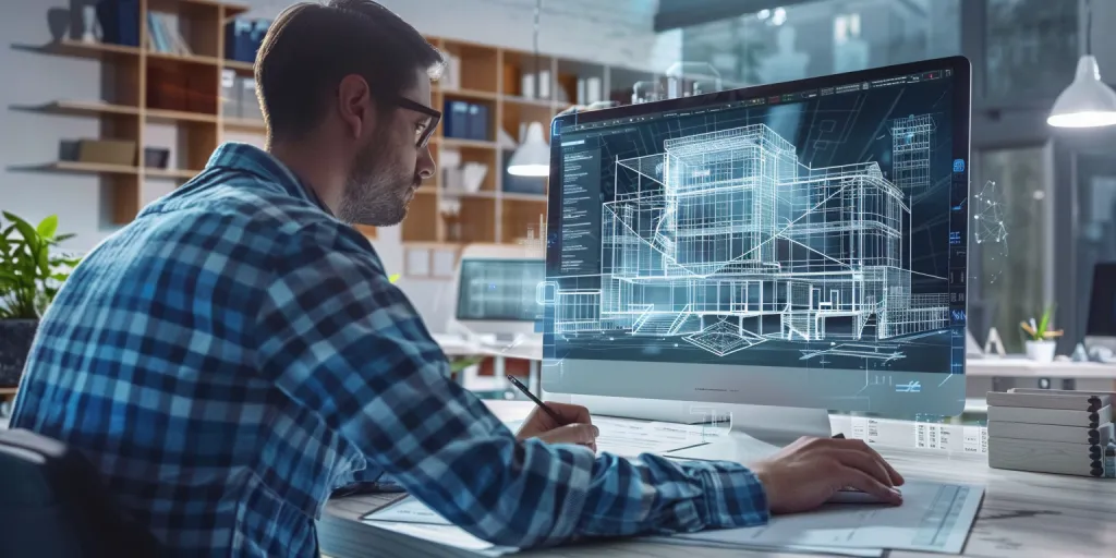 A designer is sitting at the computer drawing blueprints for an office building