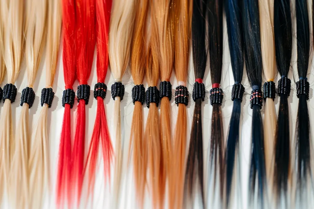 A detailed photograph of hair extensions with various color and length options