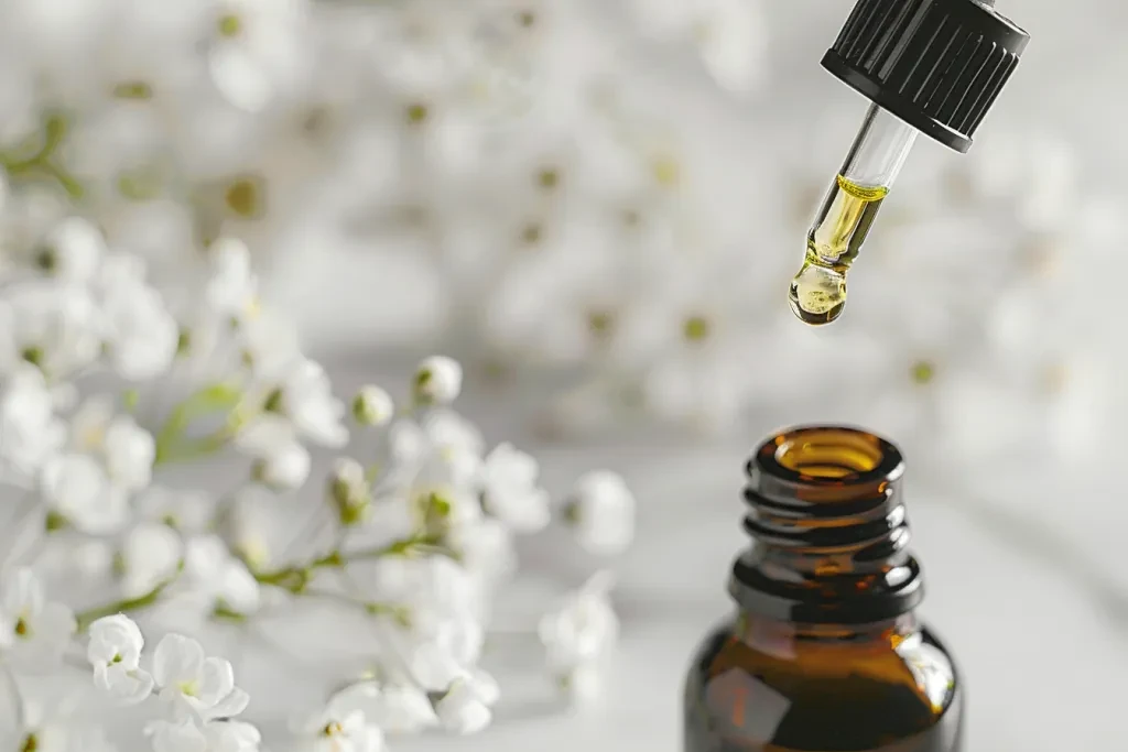 A dropper with essential oil dripping into an amber bottle on white background