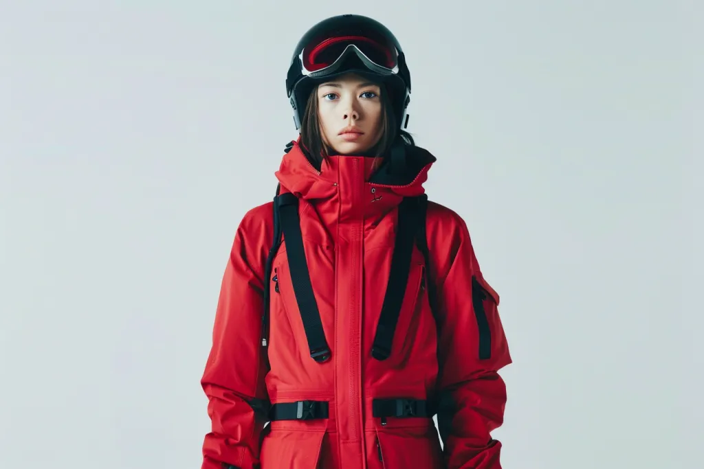 A female model wearing a red ski suit with black accents