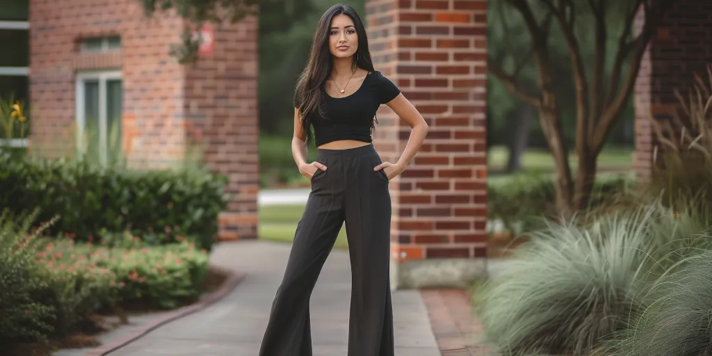 A full body photo of an attractive woman wearing flared pants and black top