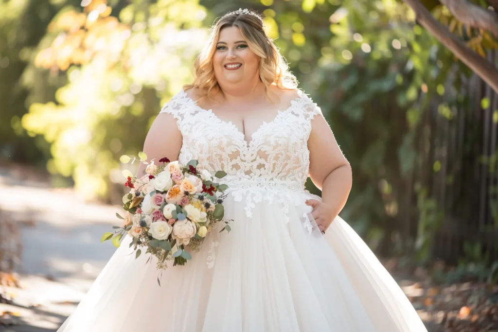 A full-body photo of an overweight woman in her wedding dress