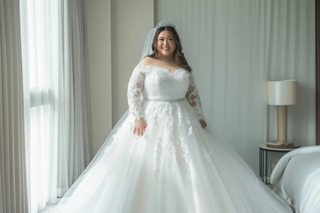 A full body photo of an overweight woman in her wedding dress