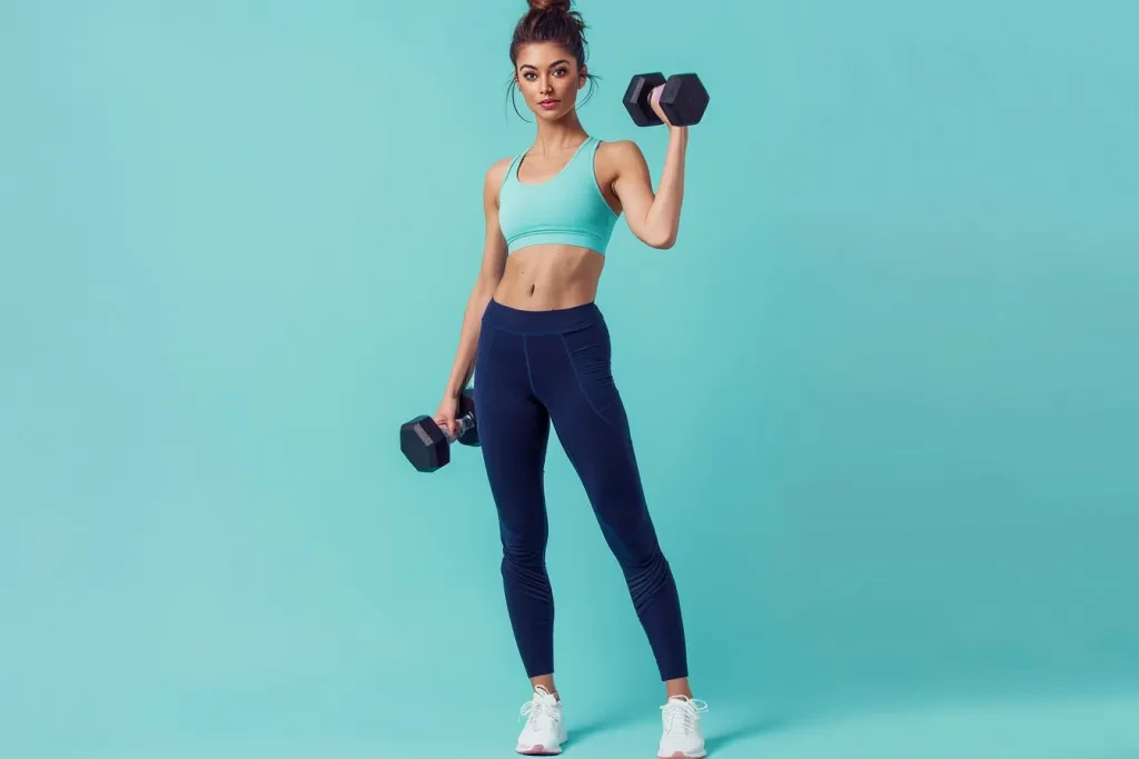 A full body shot of an attractive woman in navy blue yoga pants and a sports top