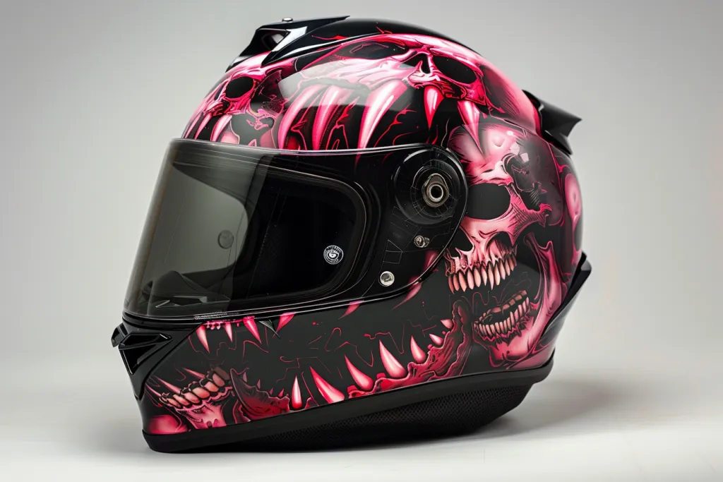 A full face motorcycle helmet with the design of red skulls and fangs on it