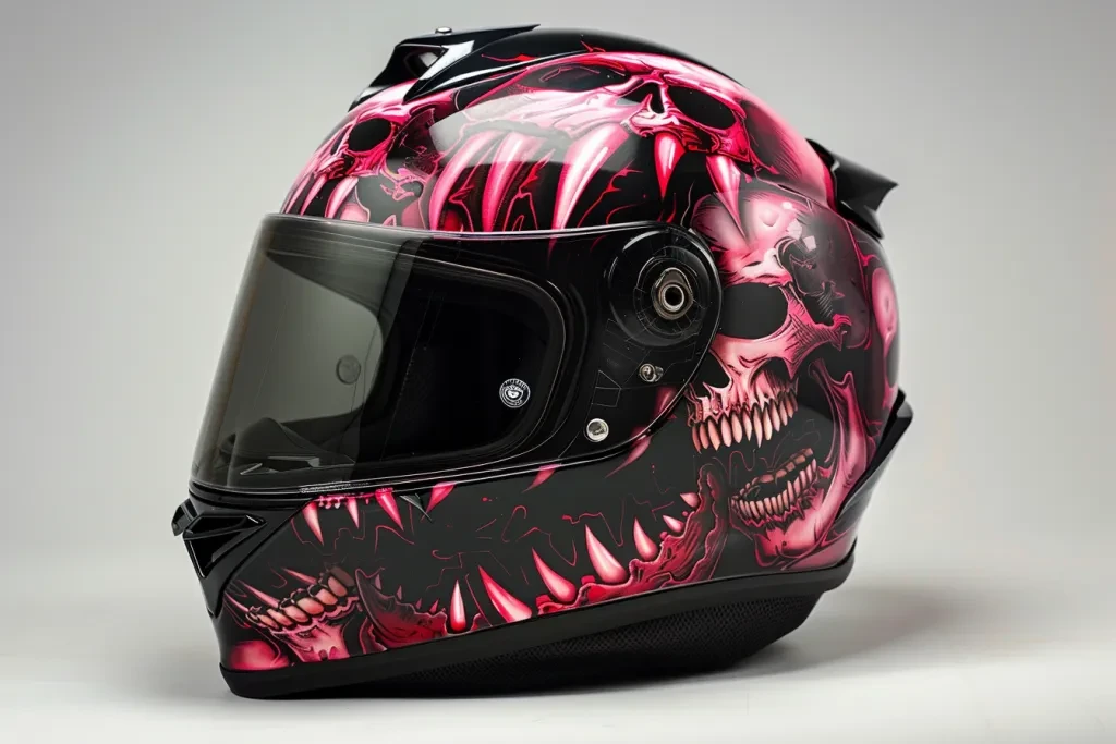 A full face motorcycle helmet with the design of red skulls and fangs on it