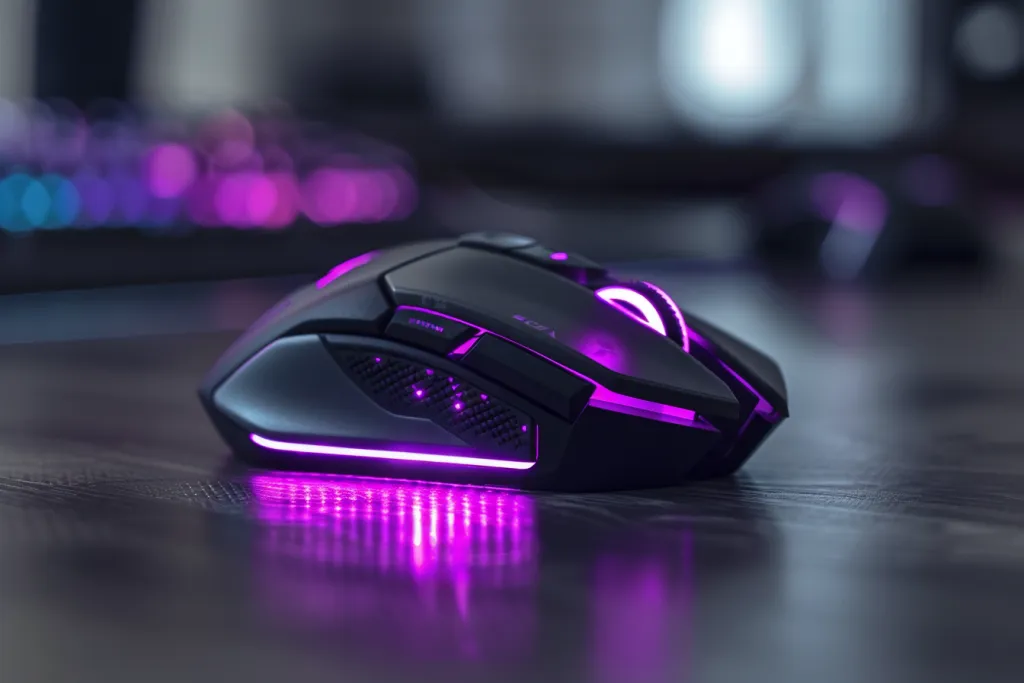 A gaming mouse with a purple LED light on the bottom