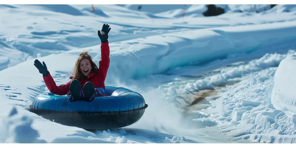 A girl is sitting on an inflatable snow tube