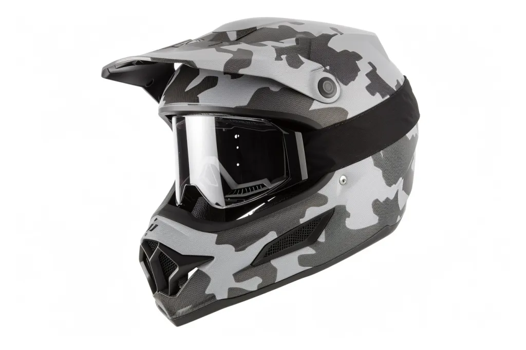 A gray and black camouflage design for the helmet