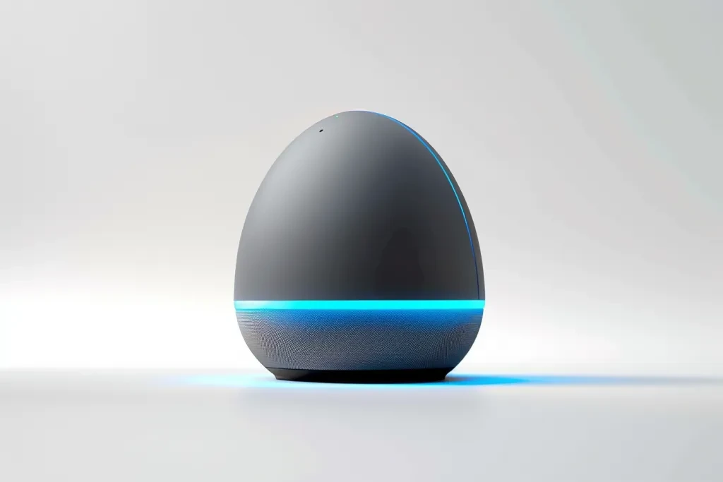 A gray and blue echo dot with an egg-shaped body