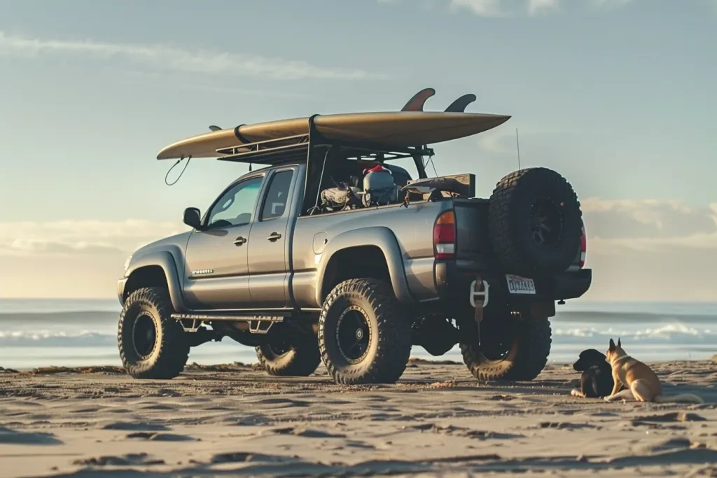 A gray pickup truck with large black wheels and an open roof