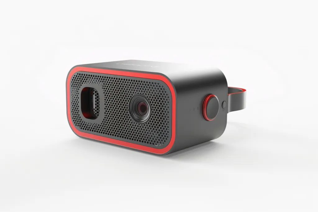 A gray portable projector with red accents