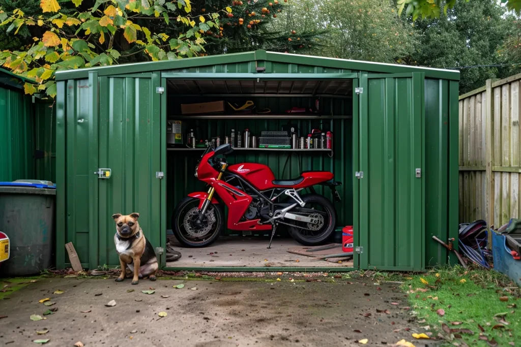 A green outdoor motorcycle storage shed with double doors