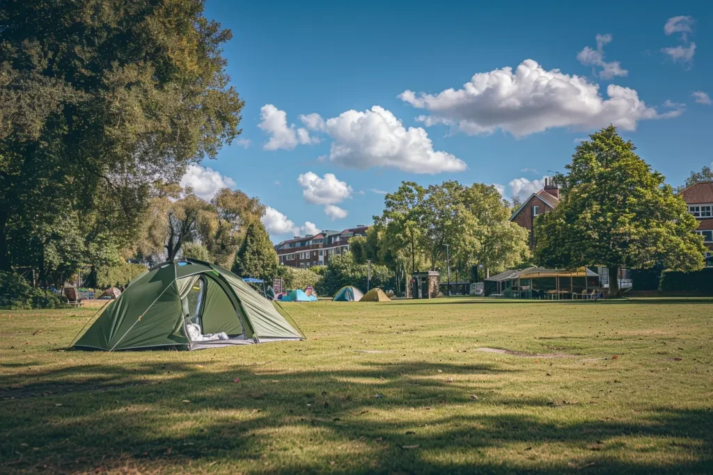 A green tent set up on the grass