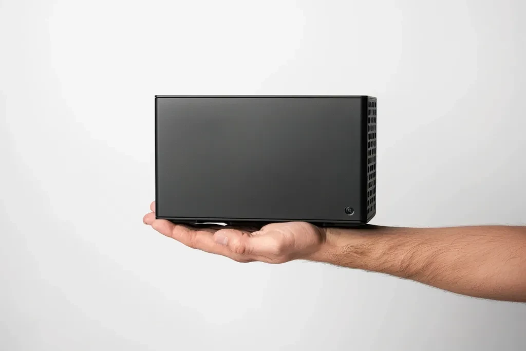 A hand holding a Dell Hyperion mini bones desktop computer