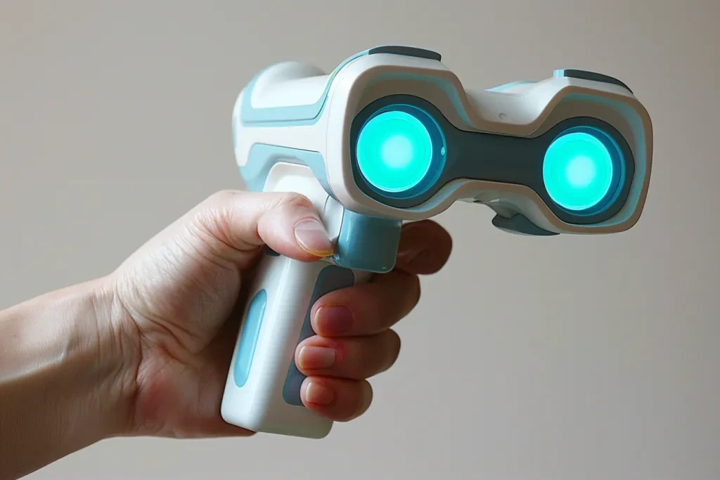 A hand holding the 3D scanner