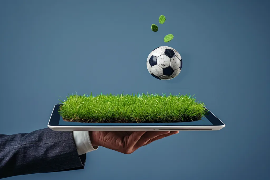 A hand in business suit holding an iPad with green grass and soccer ball