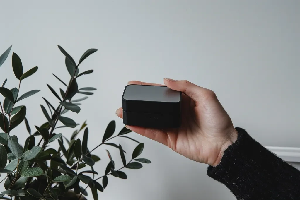 A hand is holding an uncluttered black plastic rectangular box