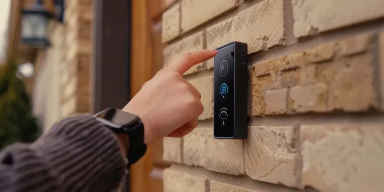 A hand with a smartwatch points to a doorbell camera