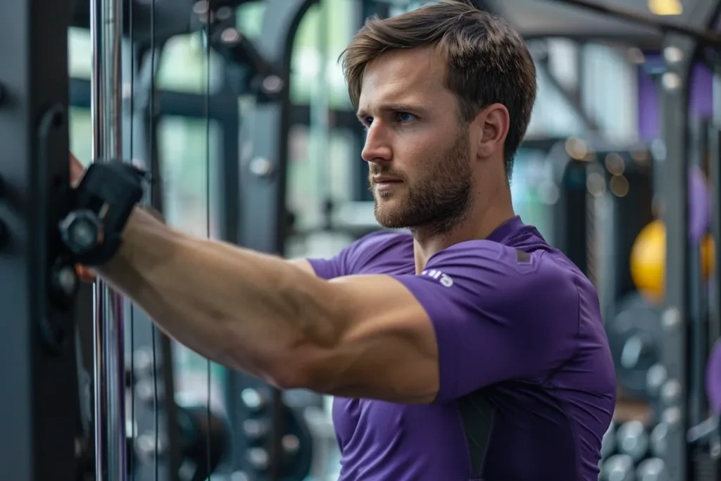 A handsome man in a purple t-shirt working out