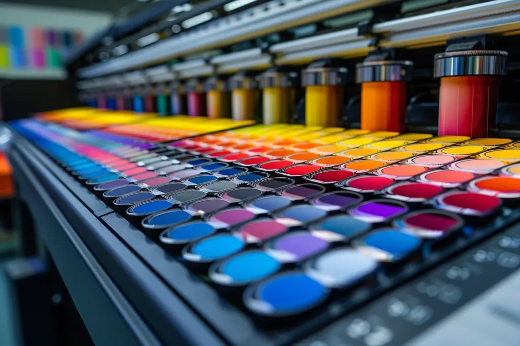 A large format printer with color swatches and an LED display showing the printing process