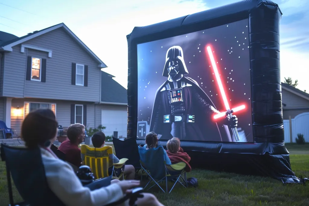 A large outdoor movie screen was set up in the backyard of someone's house