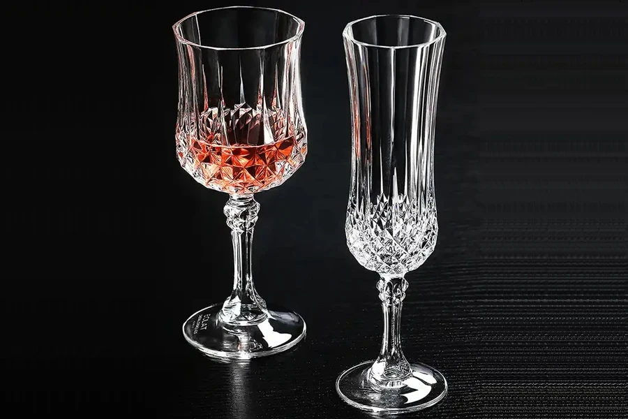 A lead-free crystal wine glass and champagne flute