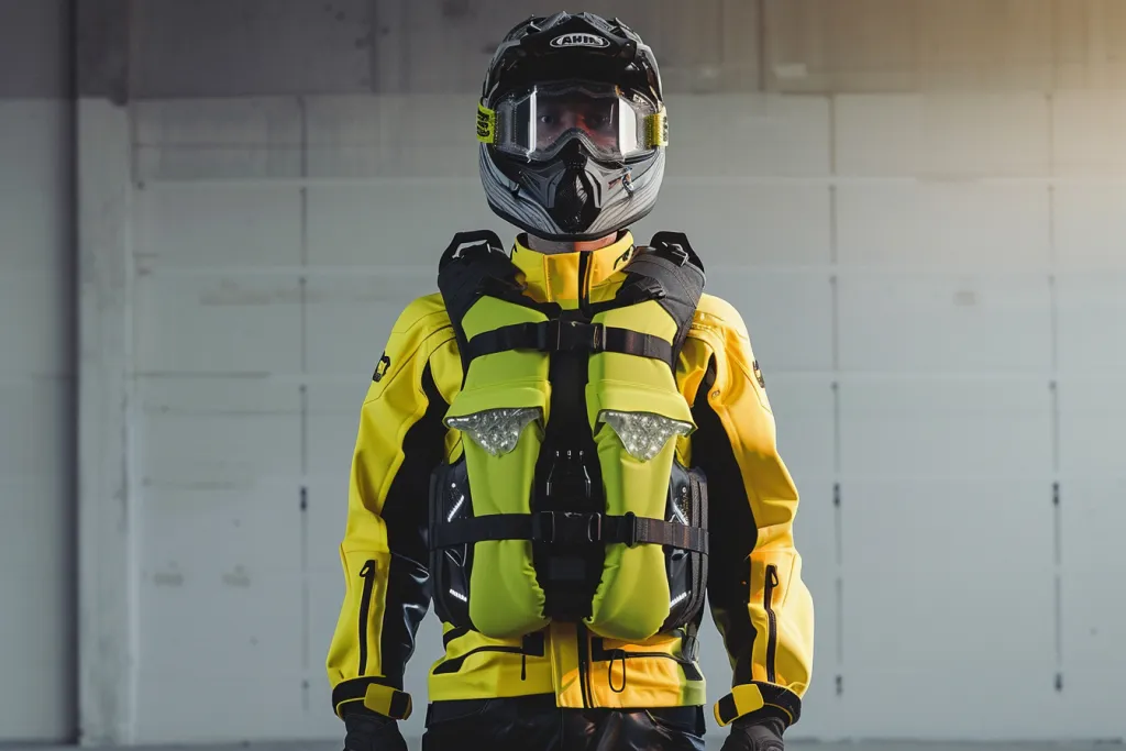 A life jacket designed for with a yellow color and black features