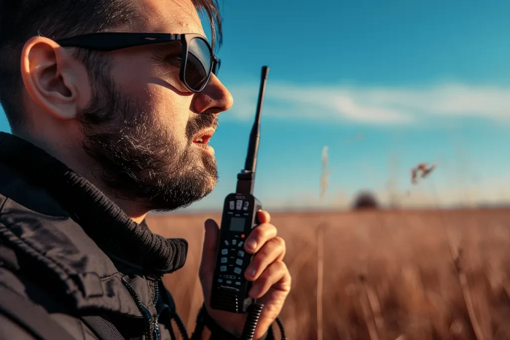 A man holding walkie talkies in his hands