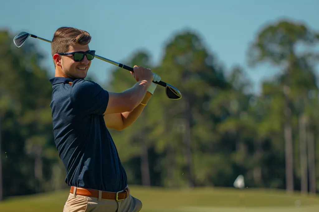 A man in a navy blue polo shirt and khaki pants playing golf