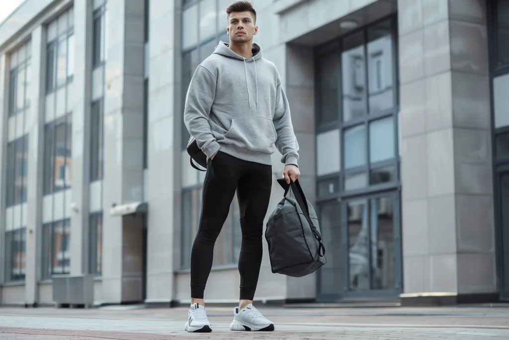 A man in black leggings and a gray hoodie stands on the street with a sports bag