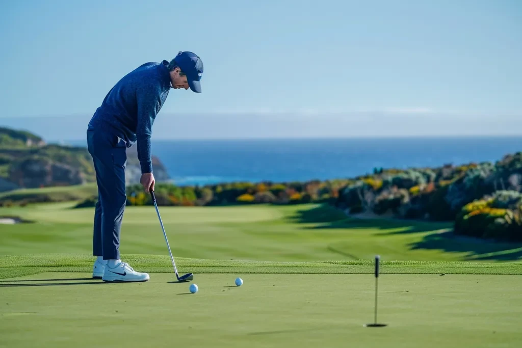 A man in blue sweater and navy cap is playing golf on the green