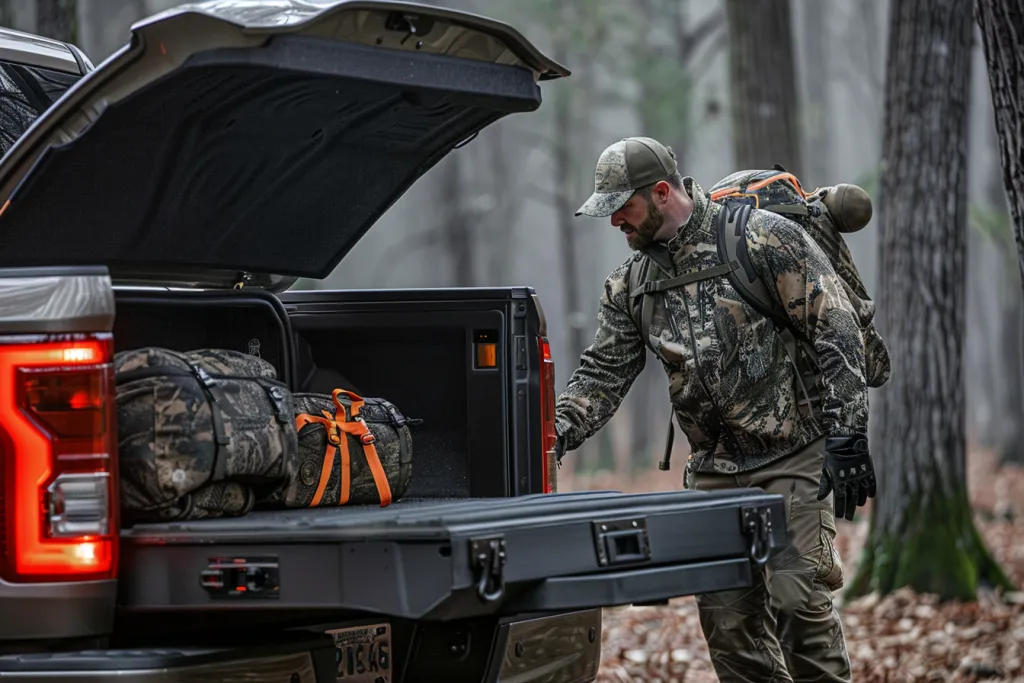 A man in camouflage loading his gear into the trunk