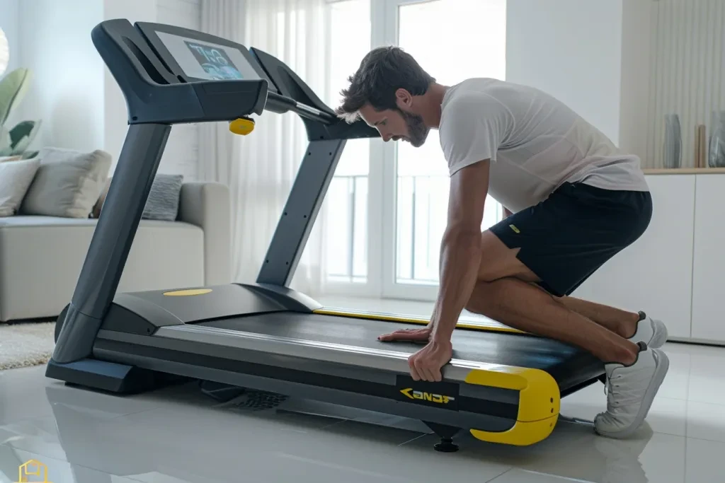 A man is kneeling down to kiss the floor of a running treadmill