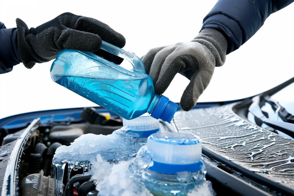 A man is pouring antifreeze into the water ignition of his car in a winter scene
