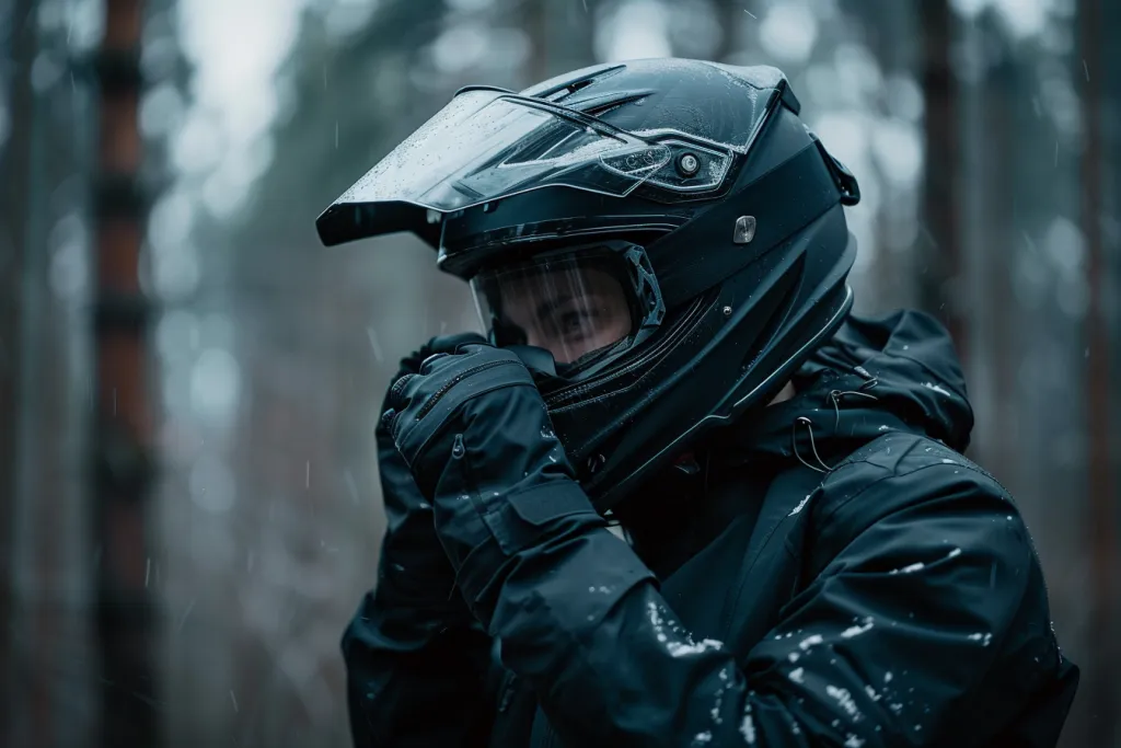 A man putting on his snowmobile helmet in the forest