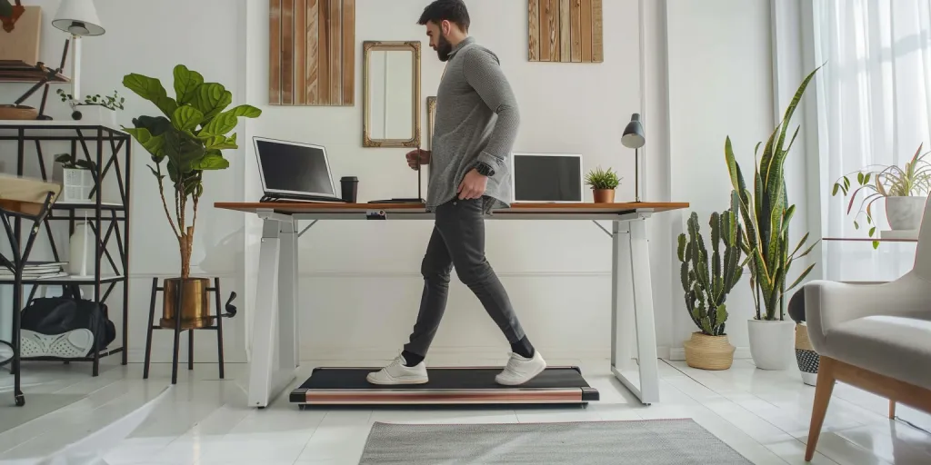 A man walking on a treadmill while working at his desk