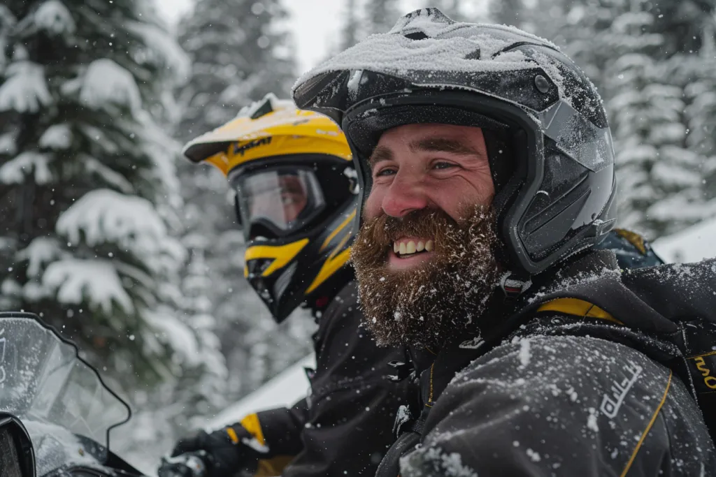 A man wearing snowmobile gear smiles while looking at his friend who is also smiling