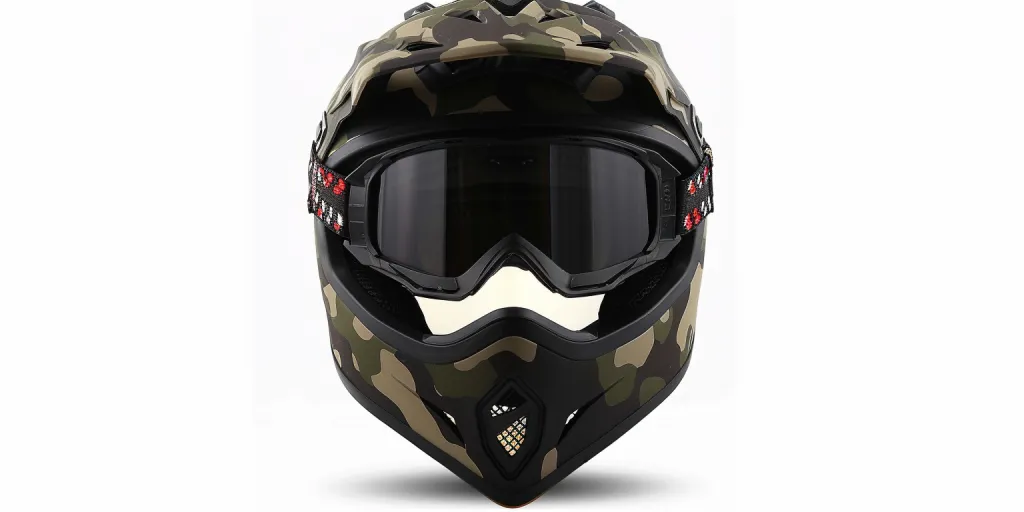 A matte black motorcycle helmet with an army green camouflage pattern on the visor