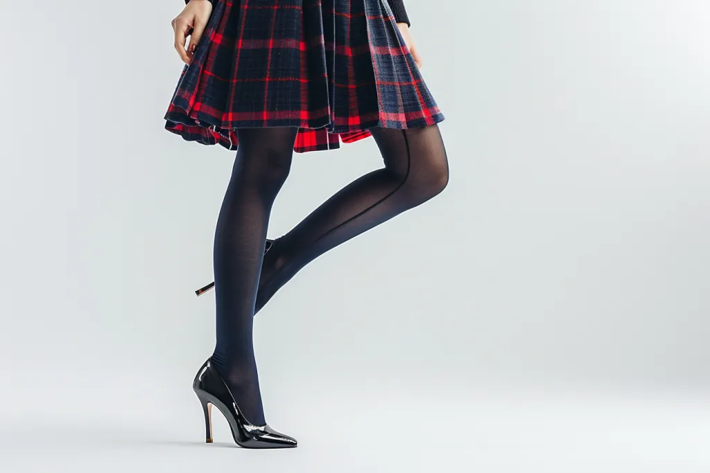 A model wearing navy blue tights with a red plaid skirt