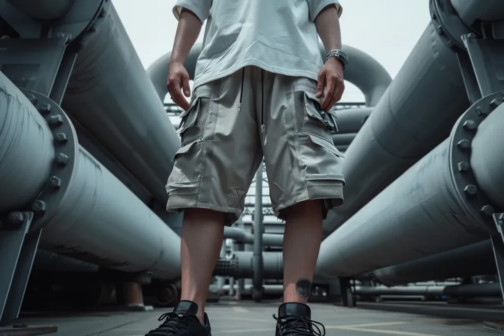 A pair of grey loose fit cargo shorts with multiple pockets on the side